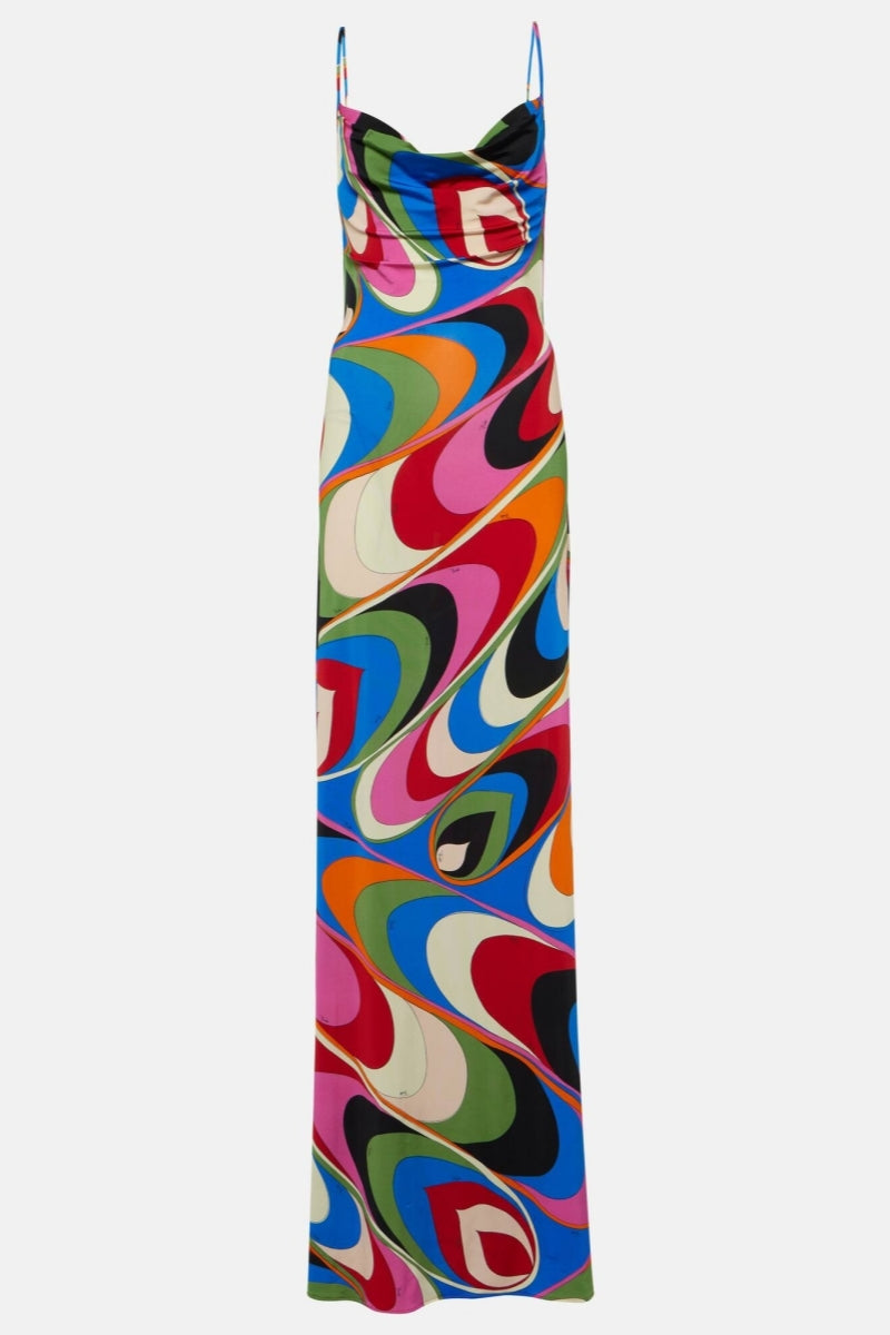 Multicolor Abstract Print Maxi Dress with Spaghetti Straps