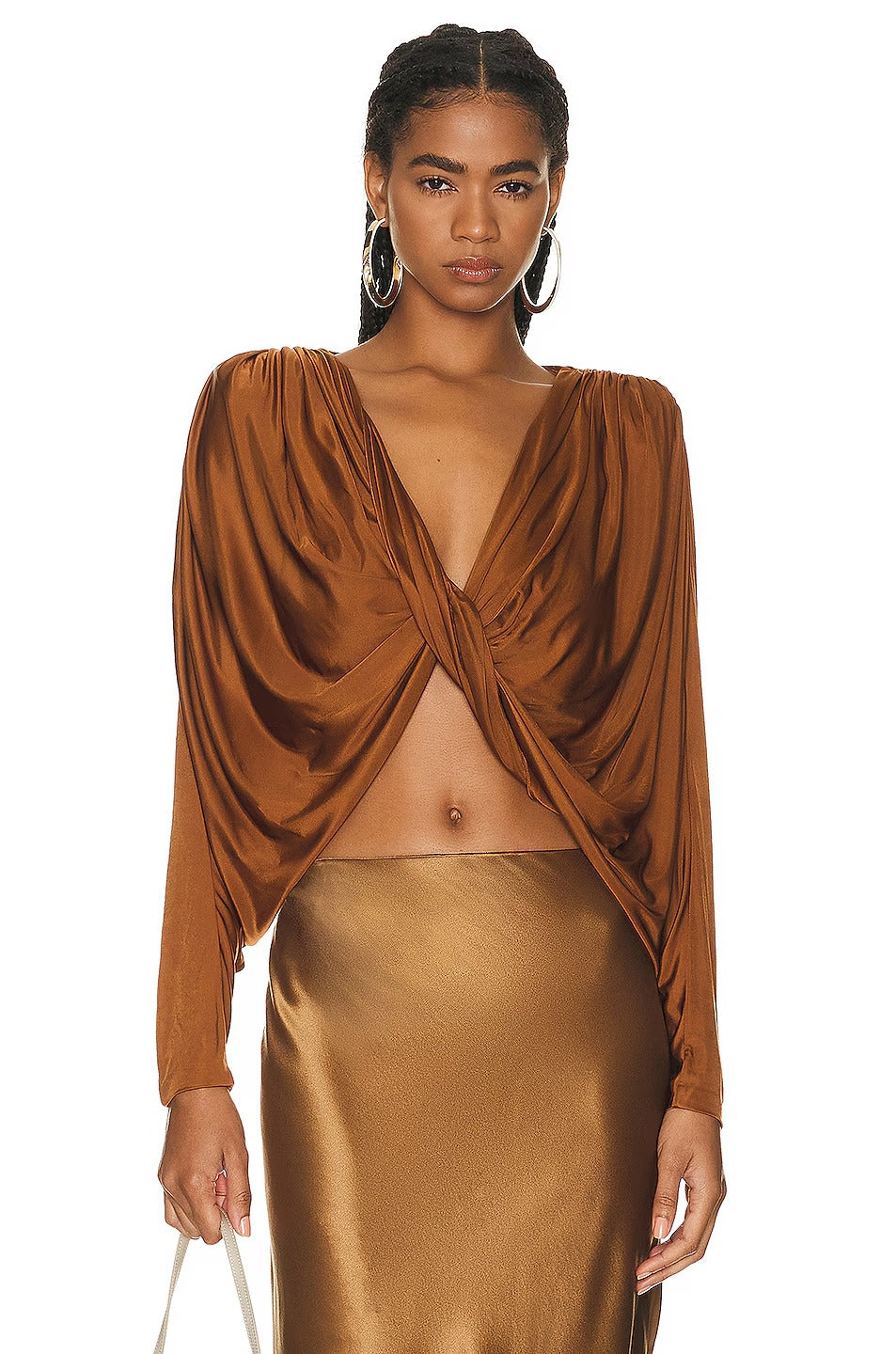 Brong Satin Gedréint Gedréckt Bauchfräi Top