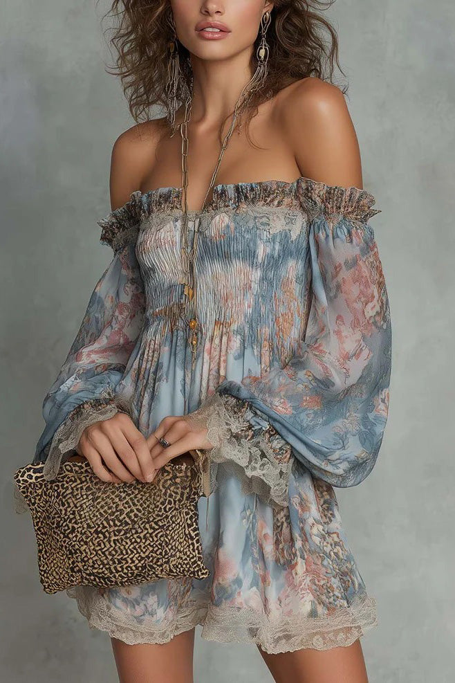 Schwarzes graues Marmorprint Mini-Kleid mit weitem Ärmel