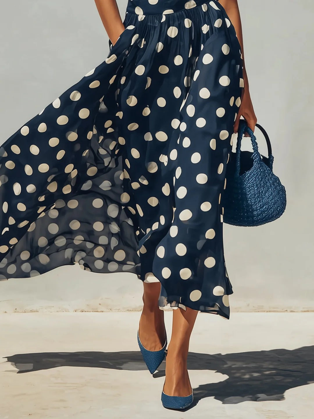 Navy Knit Top And Polka Dot Chiffon Skirt Set