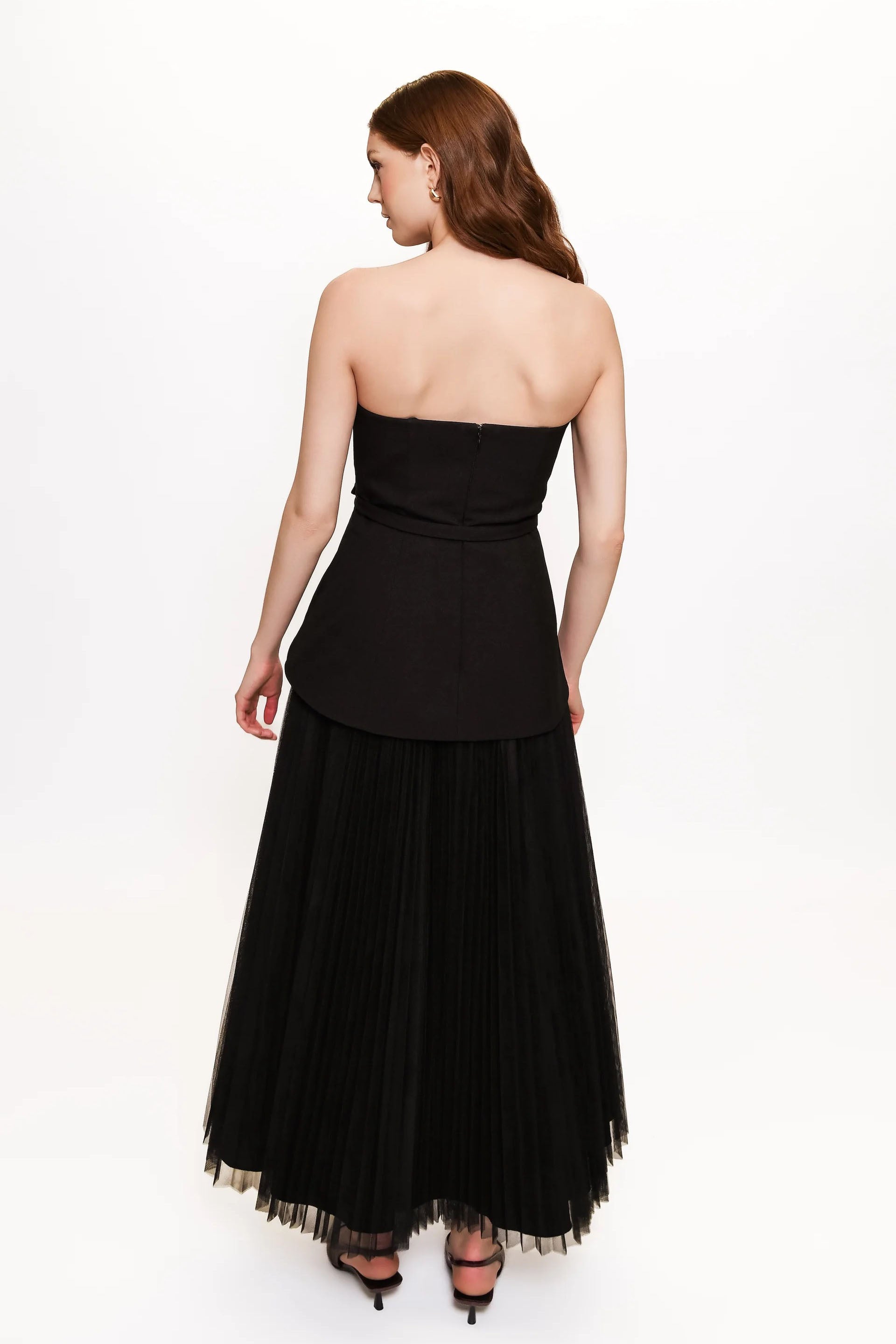 Classic Strapless Mixed Fabric Maxi Dress