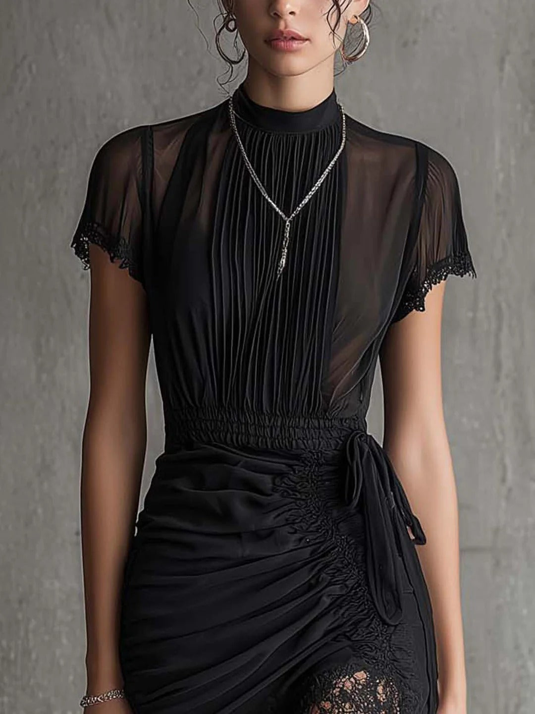 Schwarzes graues Marmorprint Mini-Kleid mit weitem Ärmel
