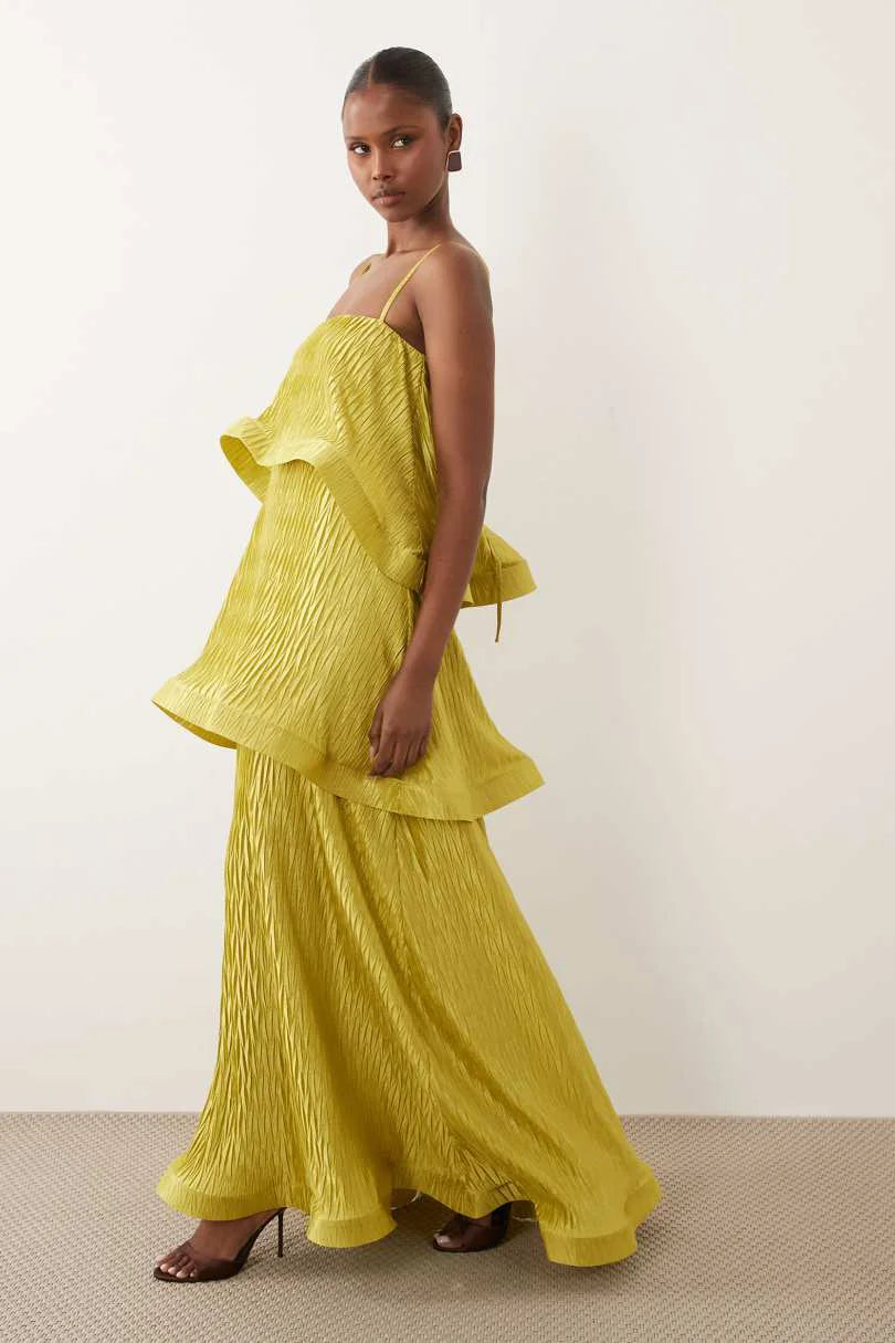 trapeze maxi dress Lime Zigzag Plisse Tiered Corset vs. Zipper vs. length dress features a Color:Mocha Gold* red rose princess