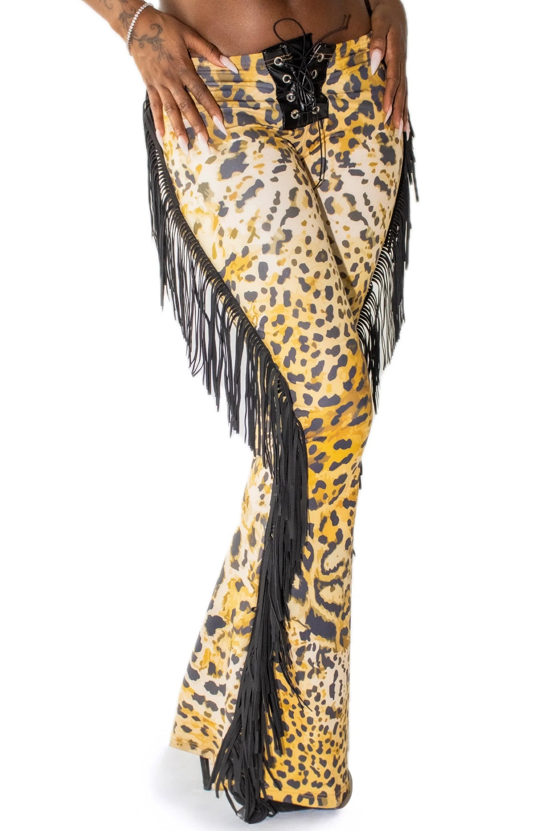 Leopard Fringe Lace‑Up Flare Pants