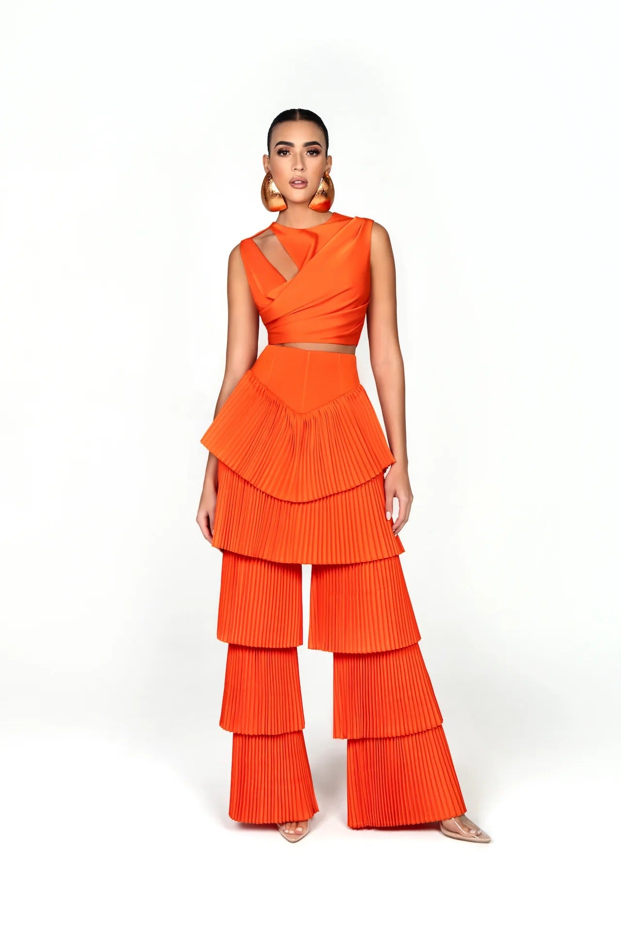 Vibrant Orange Pleated Crop & Tiered Flare Set