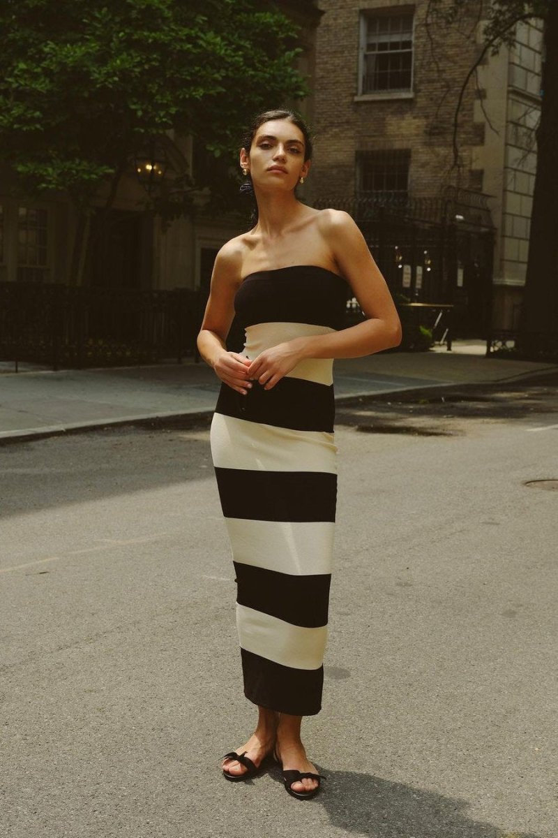 strapless striped midi dress Joanne Strapless Stripes Midi Knit Dress