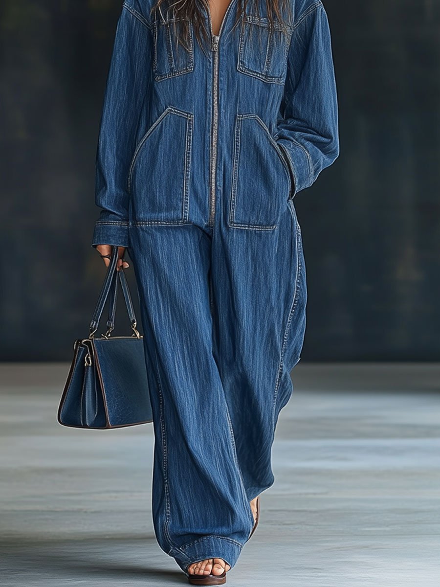 Casual løs retro lomme langermet hettejakke med glidelås denim jumpsuit