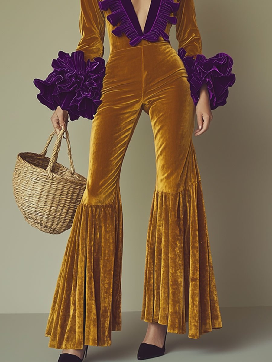 Fashion Party lilla flæse langærmet vid guld fløjl jumpsuit