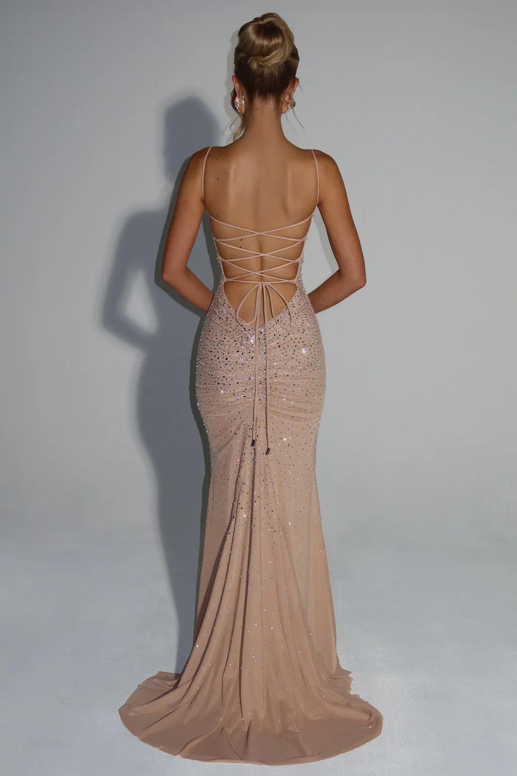 Nude Crystal Embellished Spaghetti Strap Mermaid Gown