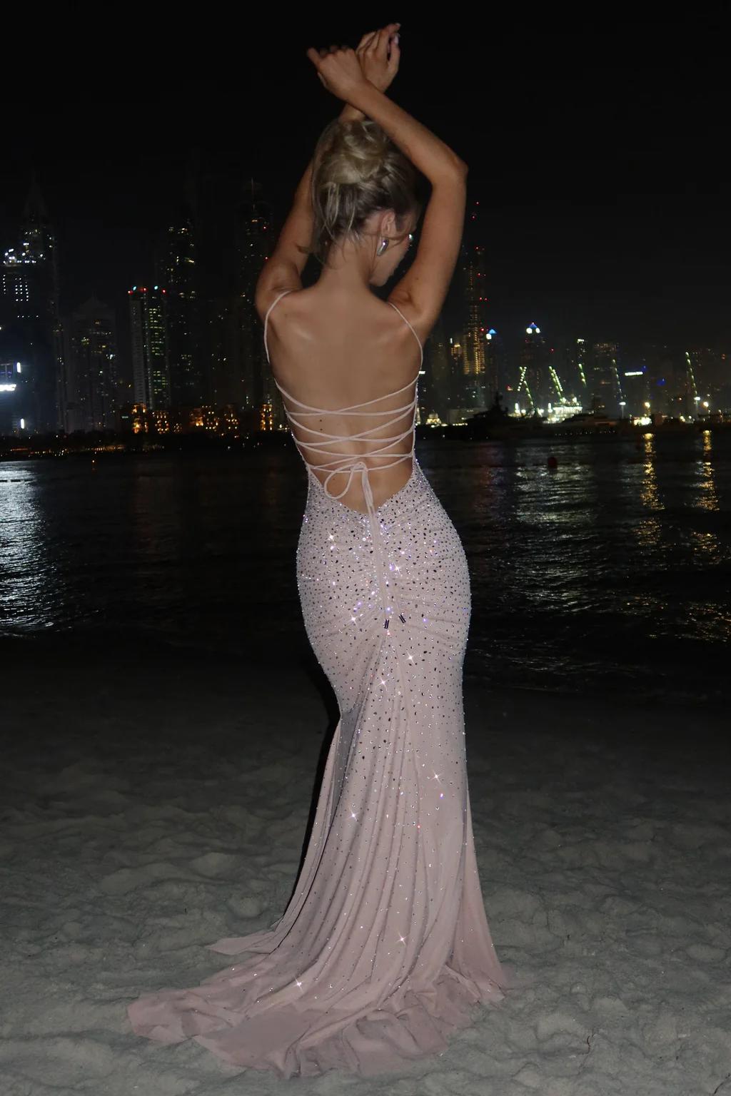 Nude Crystal Embellished Spaghetti Strap Mermaid Gown