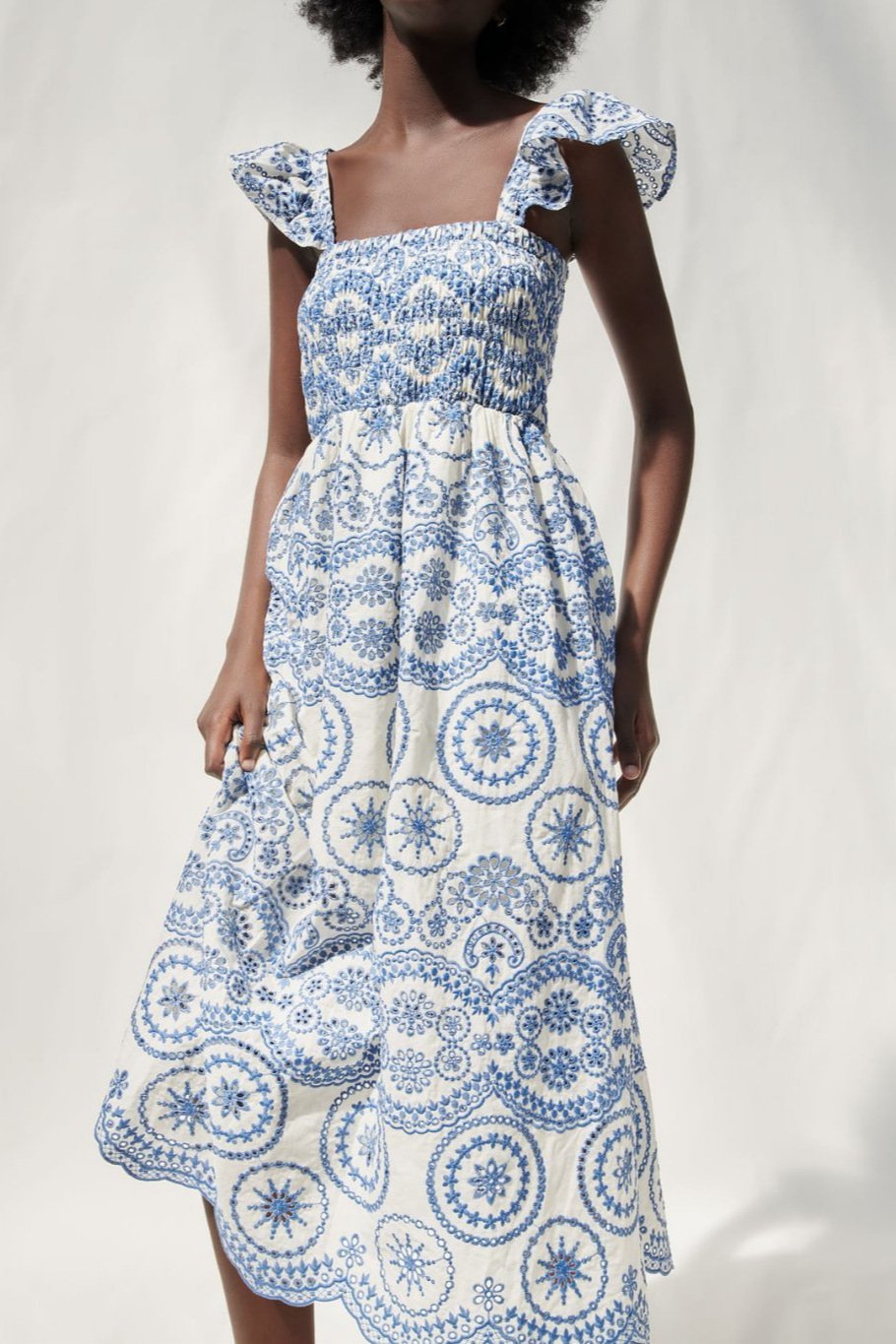 shirred bodice midi dress Maud Embroidered Lace Shirred Bodice Midi Dress