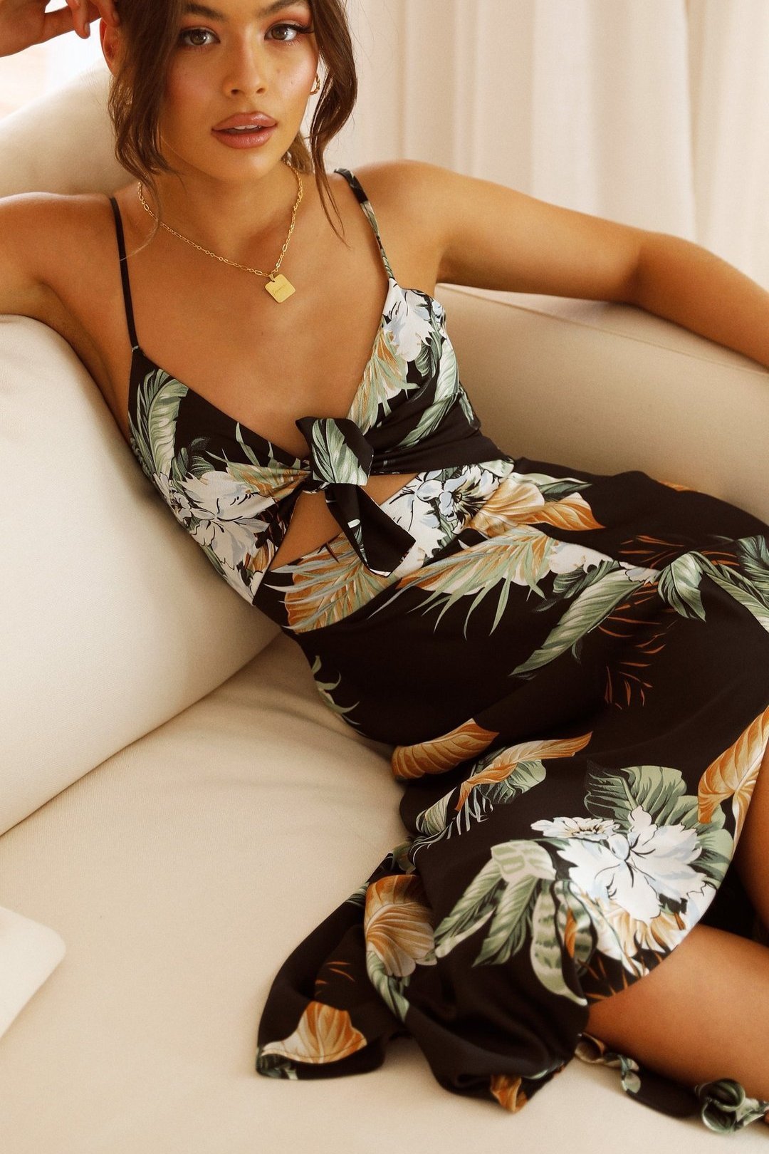 Vestido longo com nó estampado Melinda