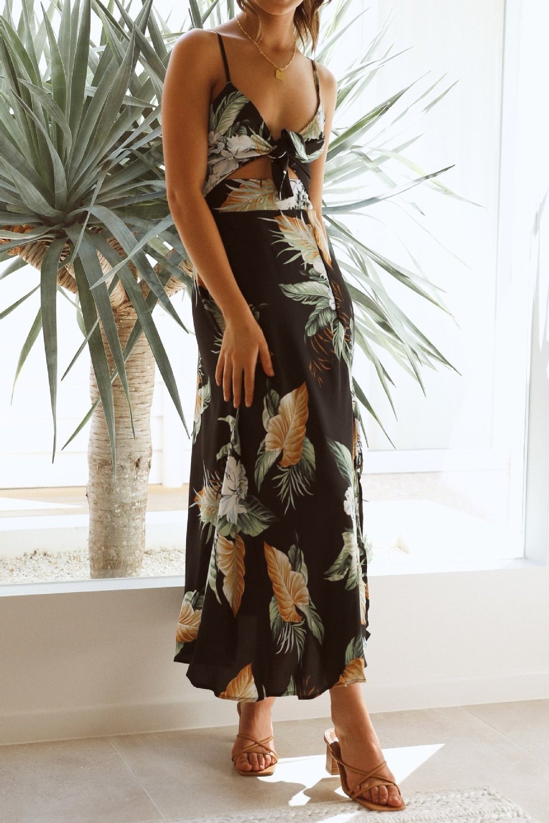 Vestido longo com nó estampado Melinda