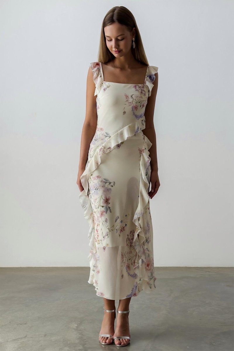 floral slit midi dress Vanilla Floral Print Front Slit Midi Dress