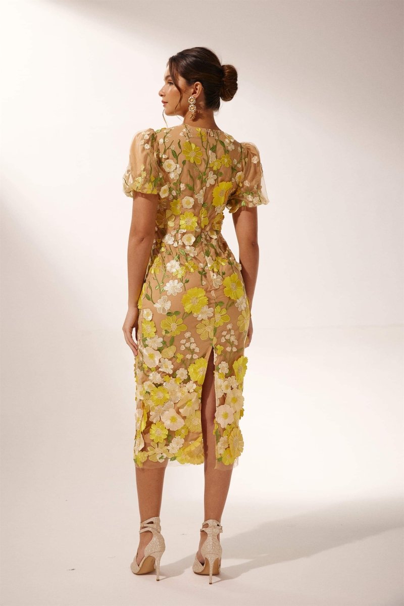 Sally V-hals blomstret midikjole