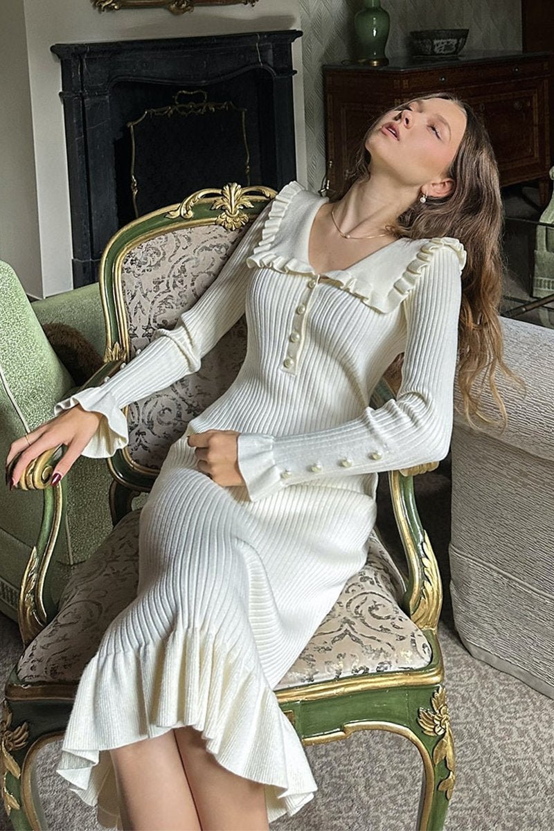 Vestido midi de punto con perlas y volantes de Sicily