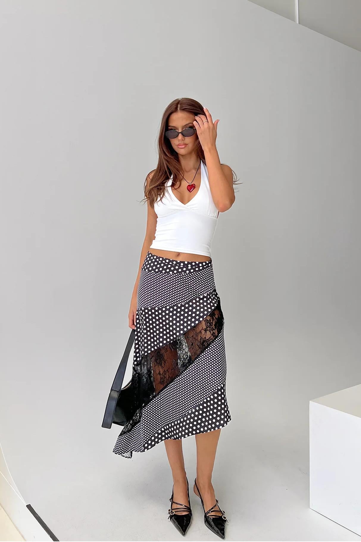 Polka-Dot Lace Asymmetrical Midi Skirt
