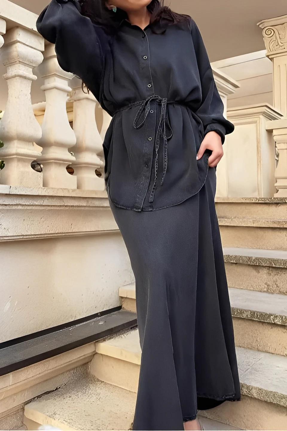 Charcoal Drape Shirt Skirt Set