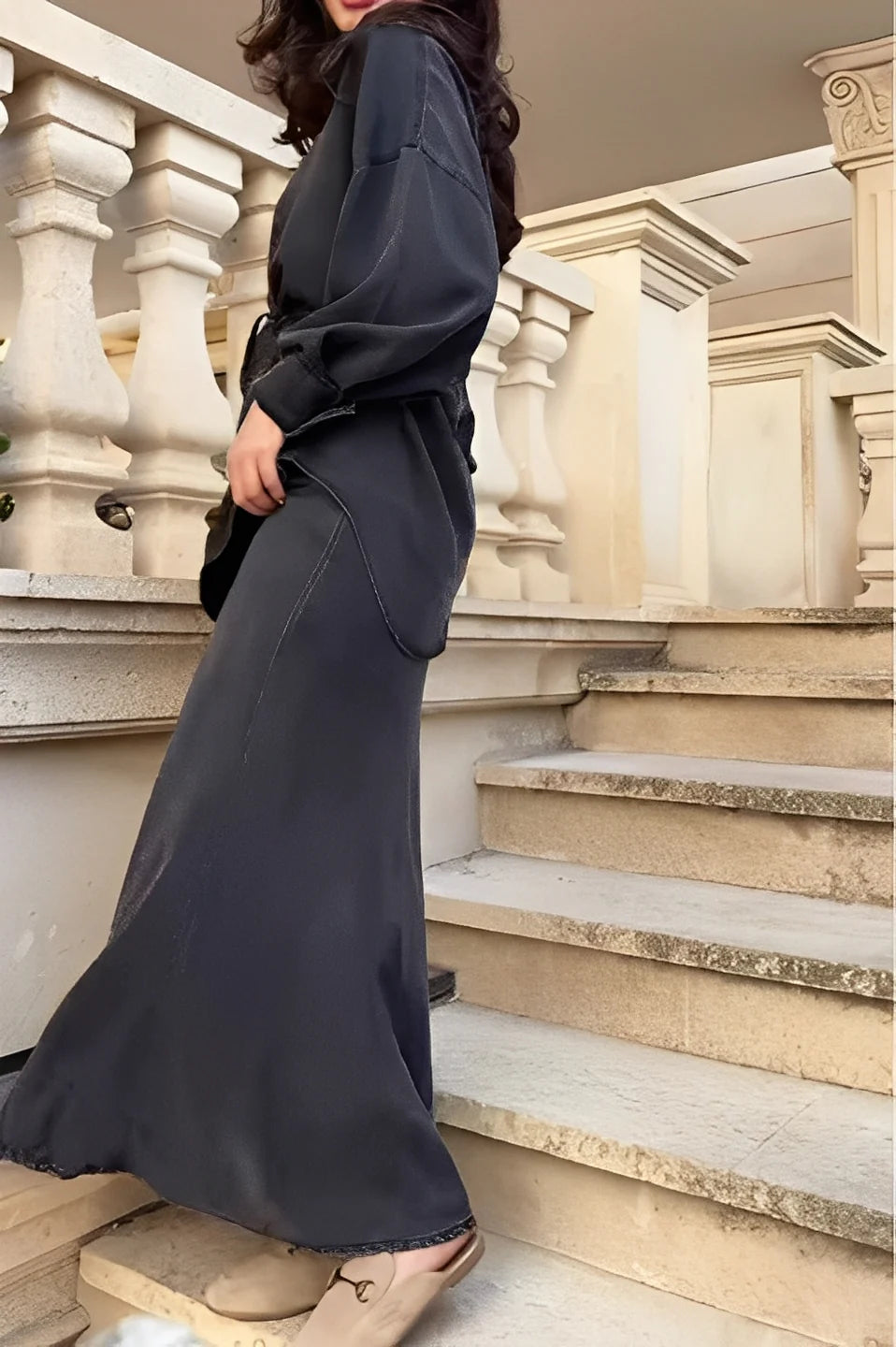 Charcoal Drape Shirt Skirt Set