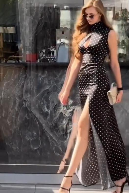 Polka Dot High Neck Cutout Thigh High Slit Maxi Dress