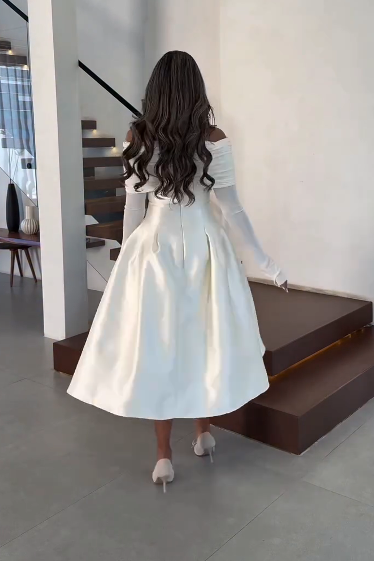 Ethereal Off Shoulder Sheer Sleeves Midi Dress