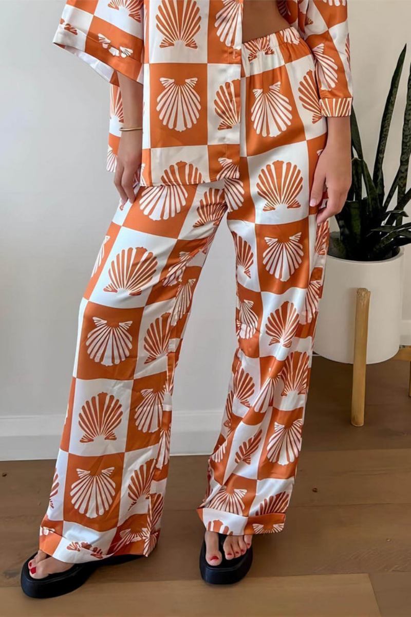 Special Satin Shell Print Wide Leg Hosen-Set