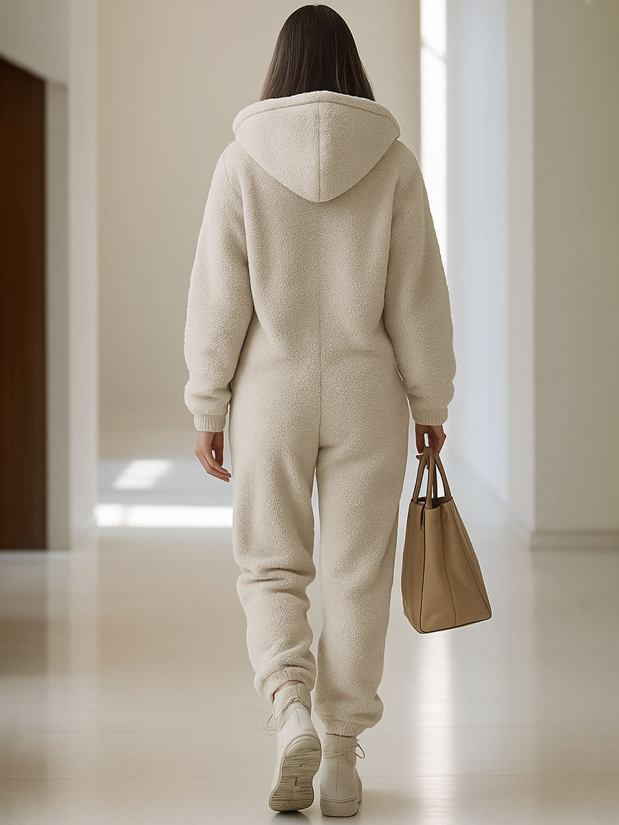 Casual løs vintage polarfleece hettejakke med glidelåslomme og heldress