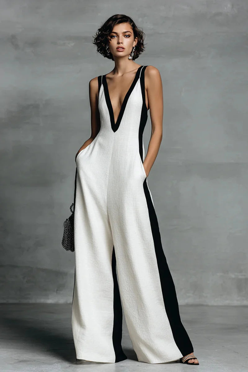 Svart og hvit kontraststripet ermeløs jumpsuit