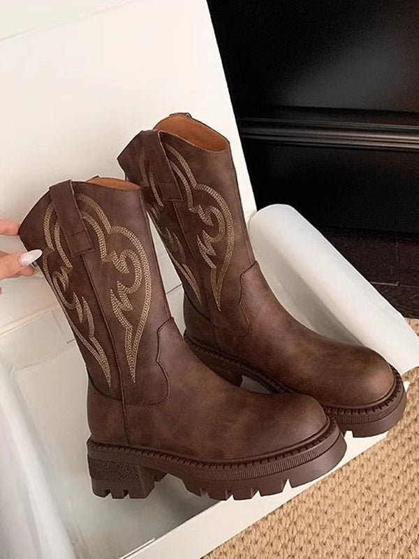 Retro weiche Lederstiefel mit dicker Sohle, vielseitig, mittelhoch