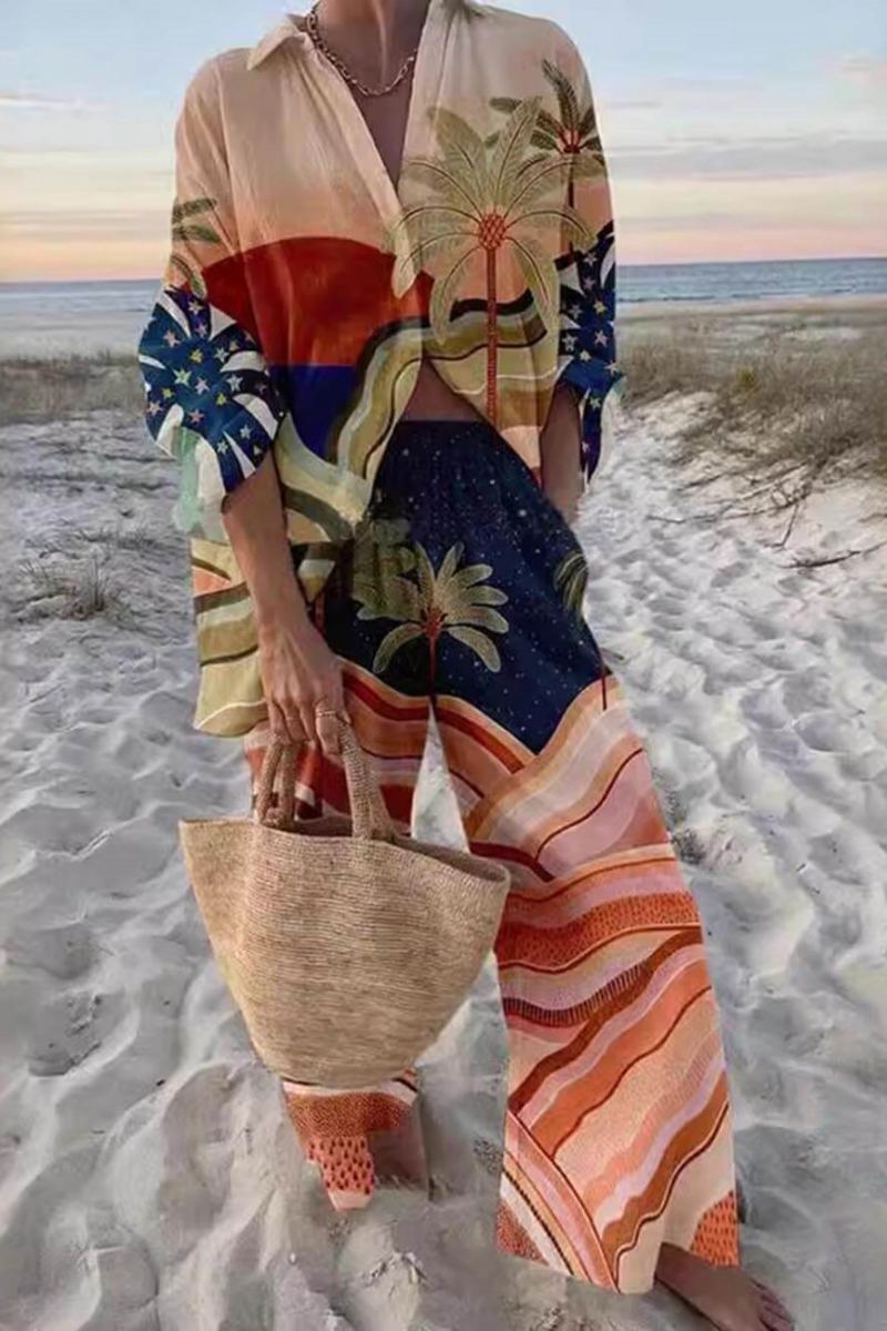 Unique Print Sunset Palms Relaxed Pants Set