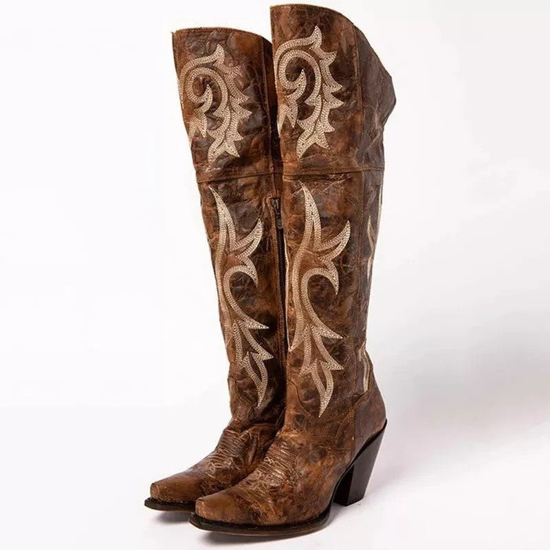 Retro-Muster Stiefel mit hohem, dickem Absatz