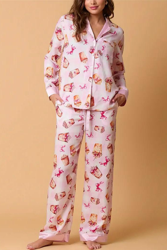 Set pijama Bowknot Milk Tea Print Camasa cu maneca lunga