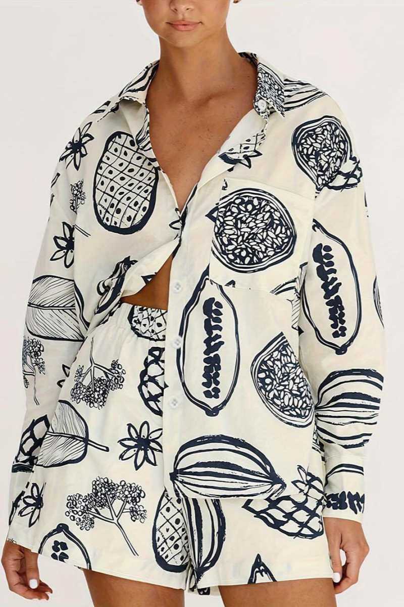 Summer Fruit Print Loose Shirt Shorts Set