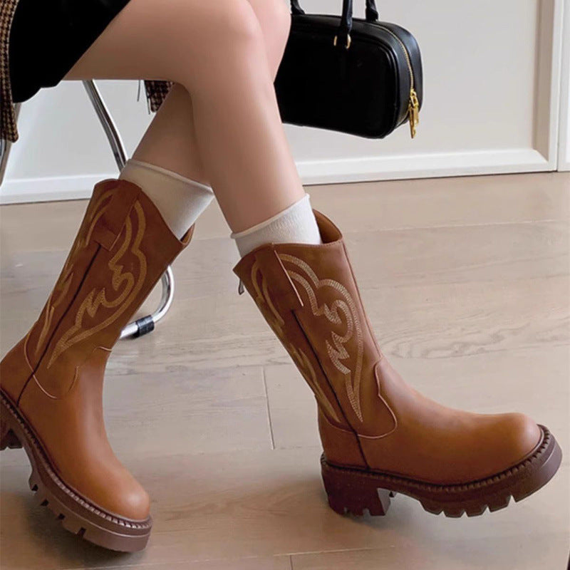 Retro weiche Lederstiefel mit dicker Sohle, vielseitig, mittelhoch