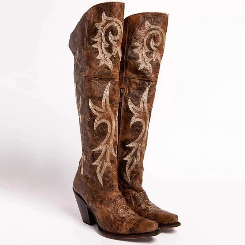 Retro-Muster Stiefel mit hohem, dickem Absatz