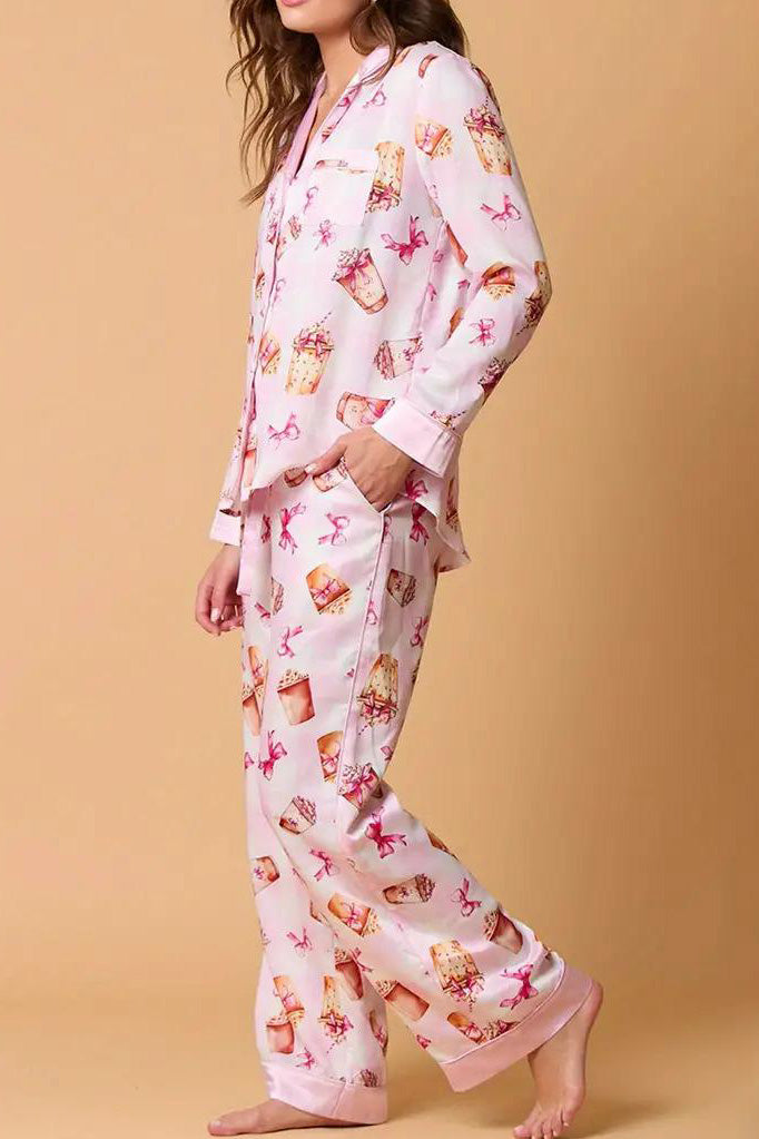 Set pijama Bowknot Milk Tea Print Camasa cu maneca lunga