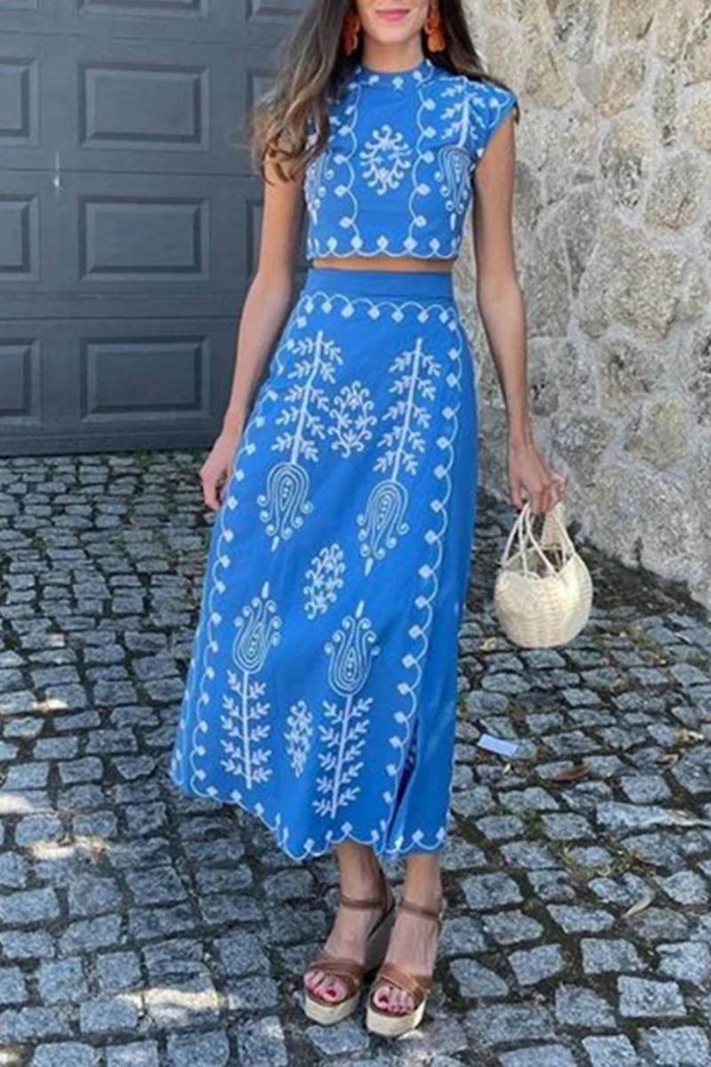 Ethnesch Print Crop Top & Reifen Wrap Midi Röcke Set