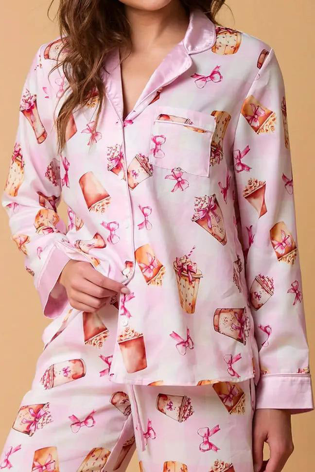 Camicia da pigiama a maniche lunghe con stampa di tè al latte con fiocco