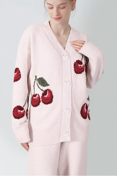 Weicher halbvelours Kirsch-Cardigan-Pyjama-Set