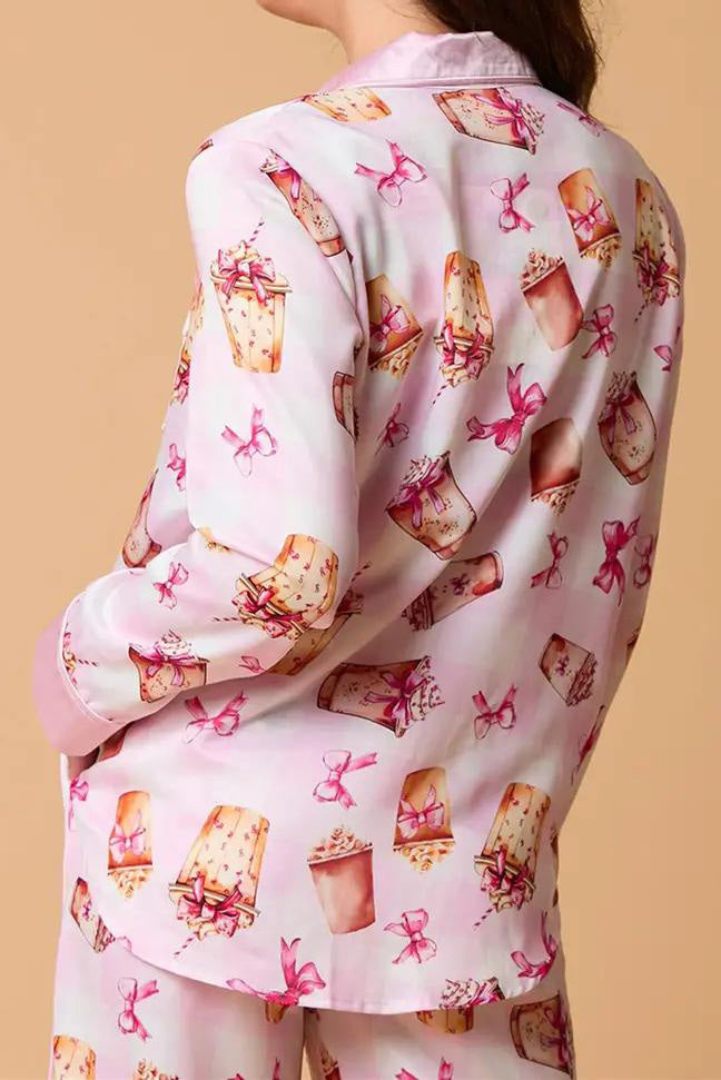 Set pijama Bowknot Milk Tea Print Camasa cu maneca lunga