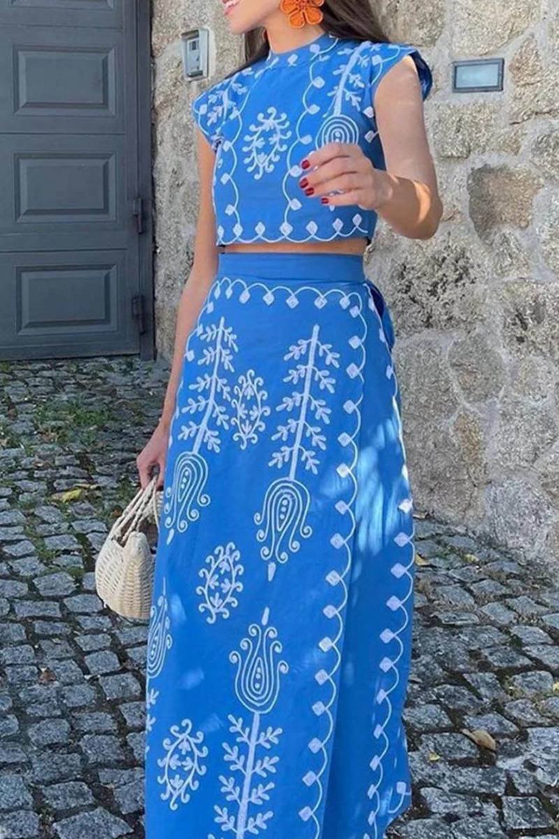 Etnisk print Crop Top & Tire-up wrap midi nederdele sæt