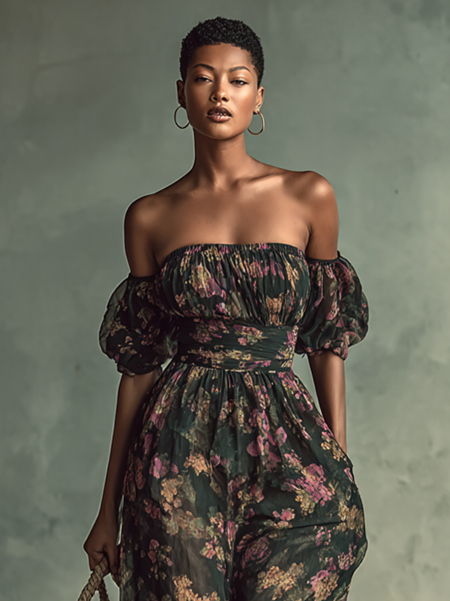 Dame Chiffon Blomstermønstret Bandeau Kortermet Jumpsuit med Midje