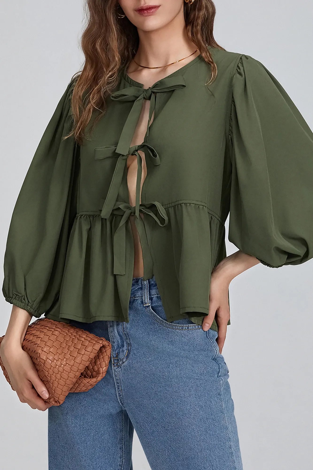 Puff Sleeve Peplum sløjfer Bluse Top