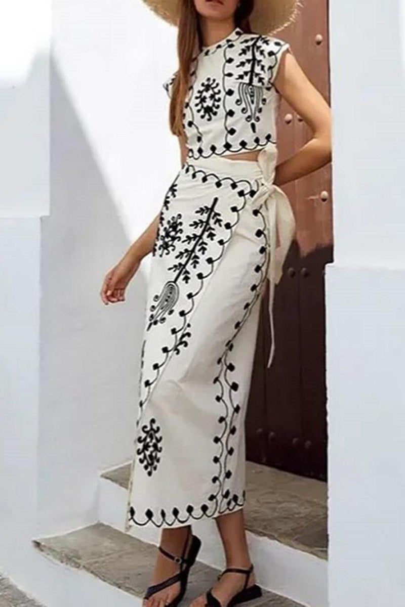 Ethnic Print Σετ μίντι φούστες με Crop Top & Tire-up Wrap