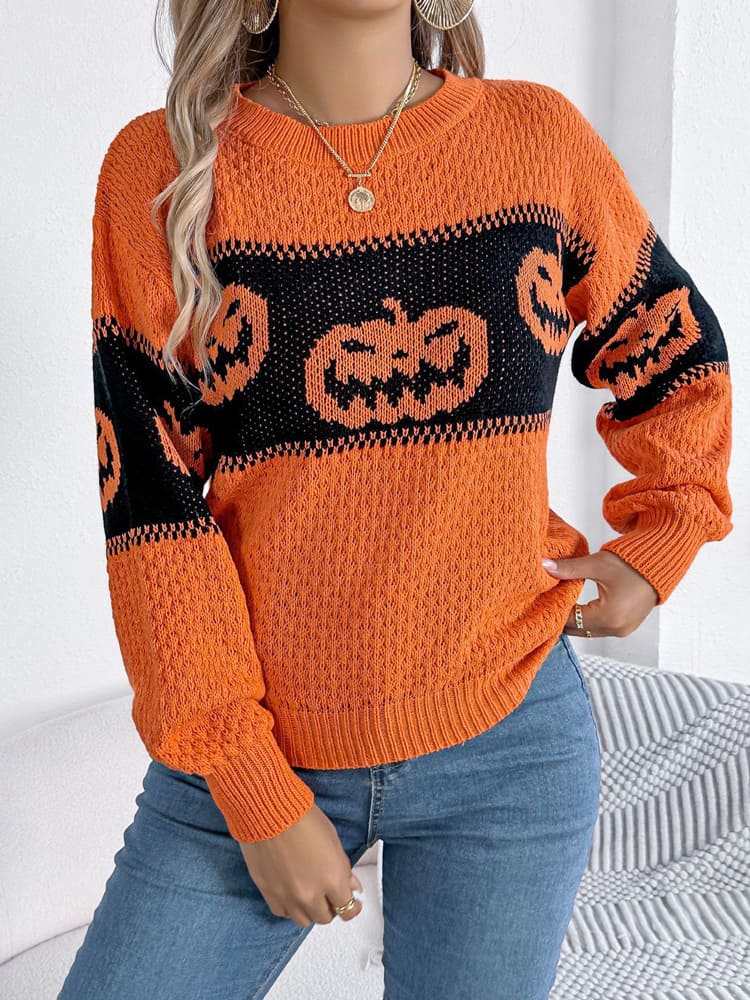 Halloween Pumpkin Head Color-Block Crew Neck Knit Sweater