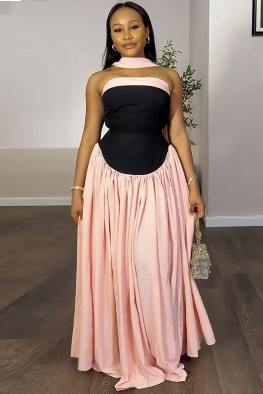Strapless Flowy Contrast Color Maxi Dress