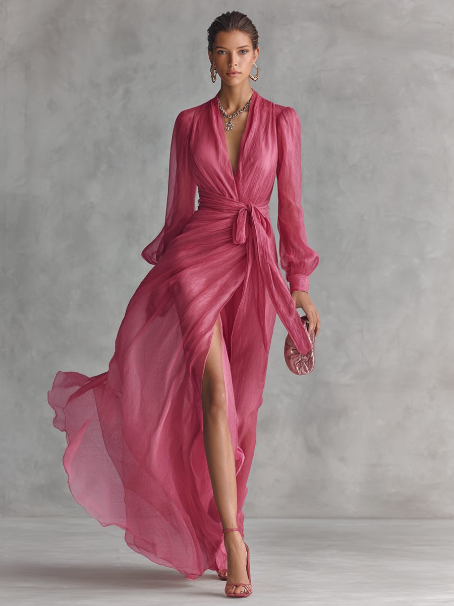 Elegante Perlen-Chiffon Maxi-Kleed mat V-Ausschnëtt