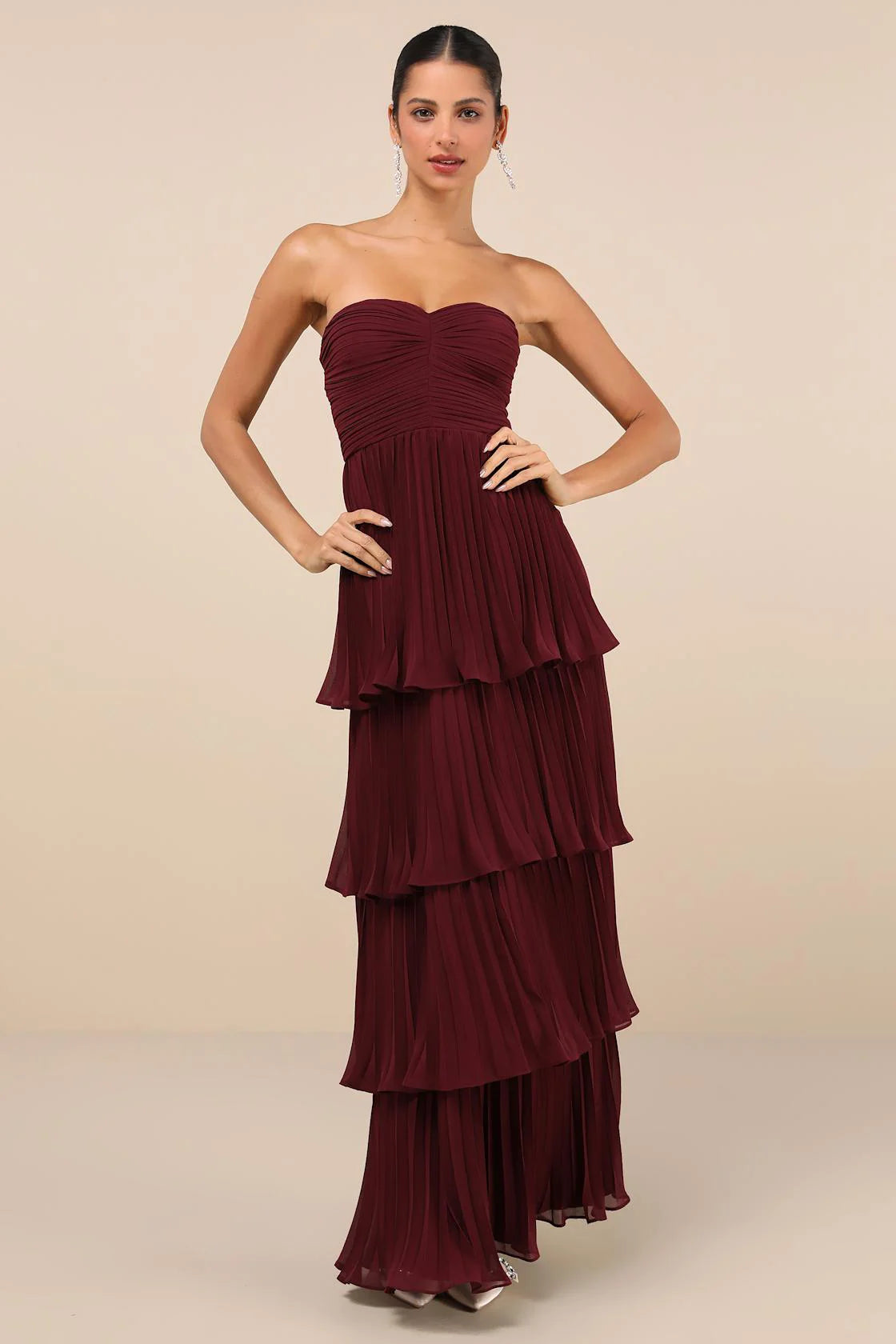 Plum Purple Strapless Tiered Maxi Kleed