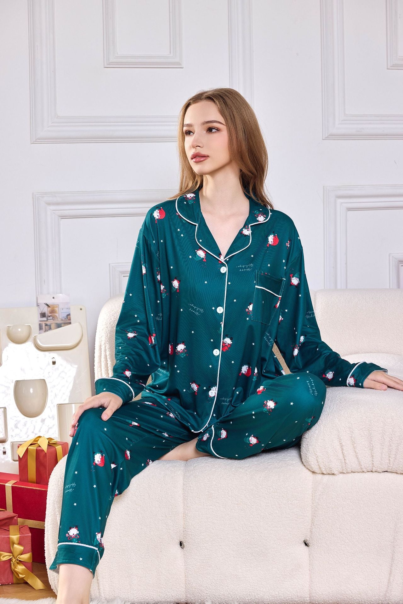 Pink Candy Cane Print Satin Long PJ Set