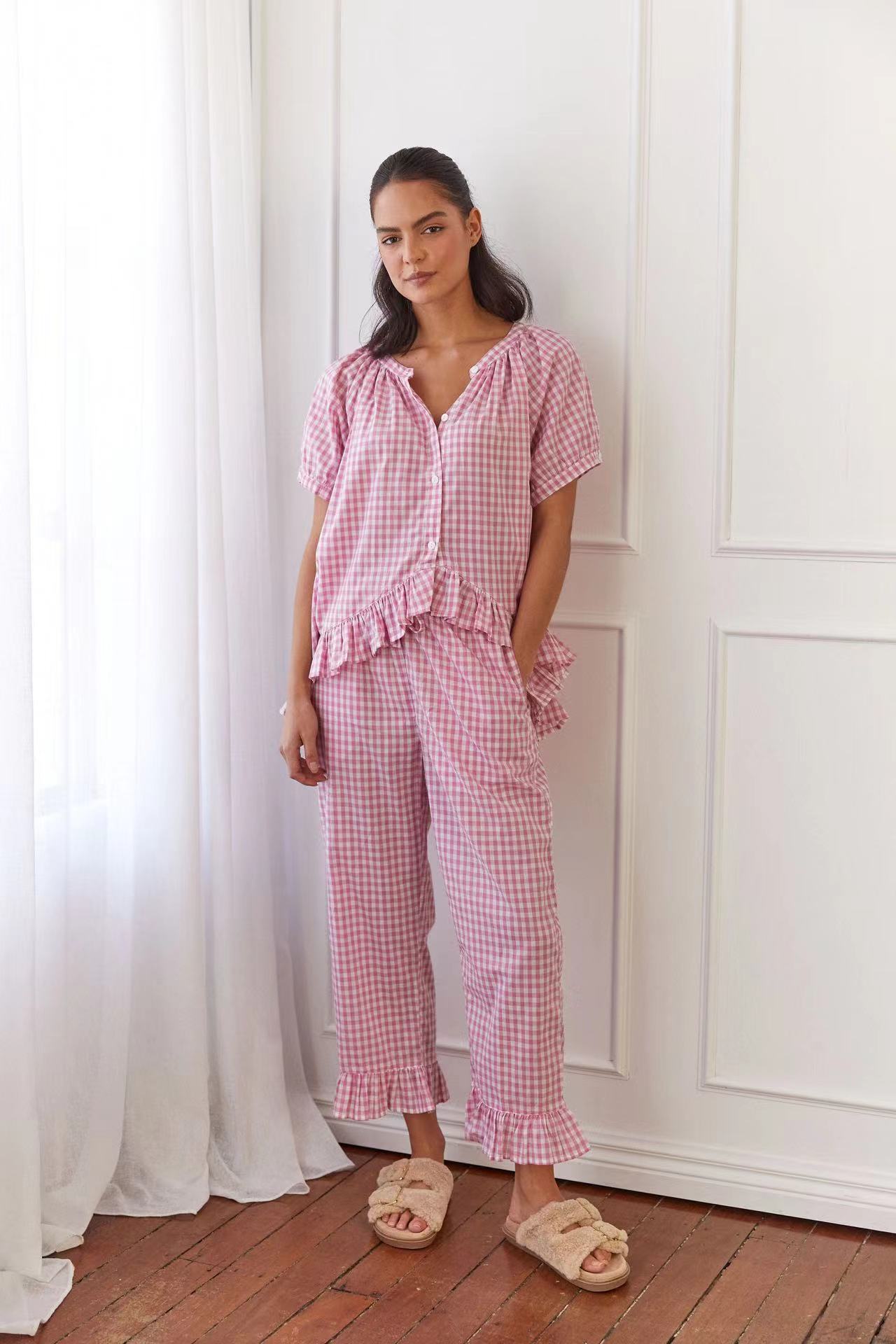 Casual Ruffled Plaid Print Shirt Pajama Set